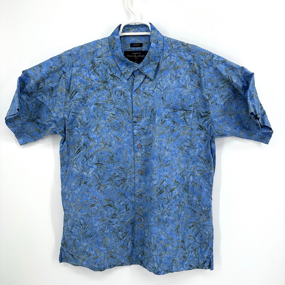 Pete Huntington Mens Hawaiian Shirt Size L Blue Aloha Floral Tropical Resort
